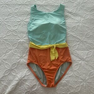 Lands' End Light Blue and Orange One Piece Swimsuit